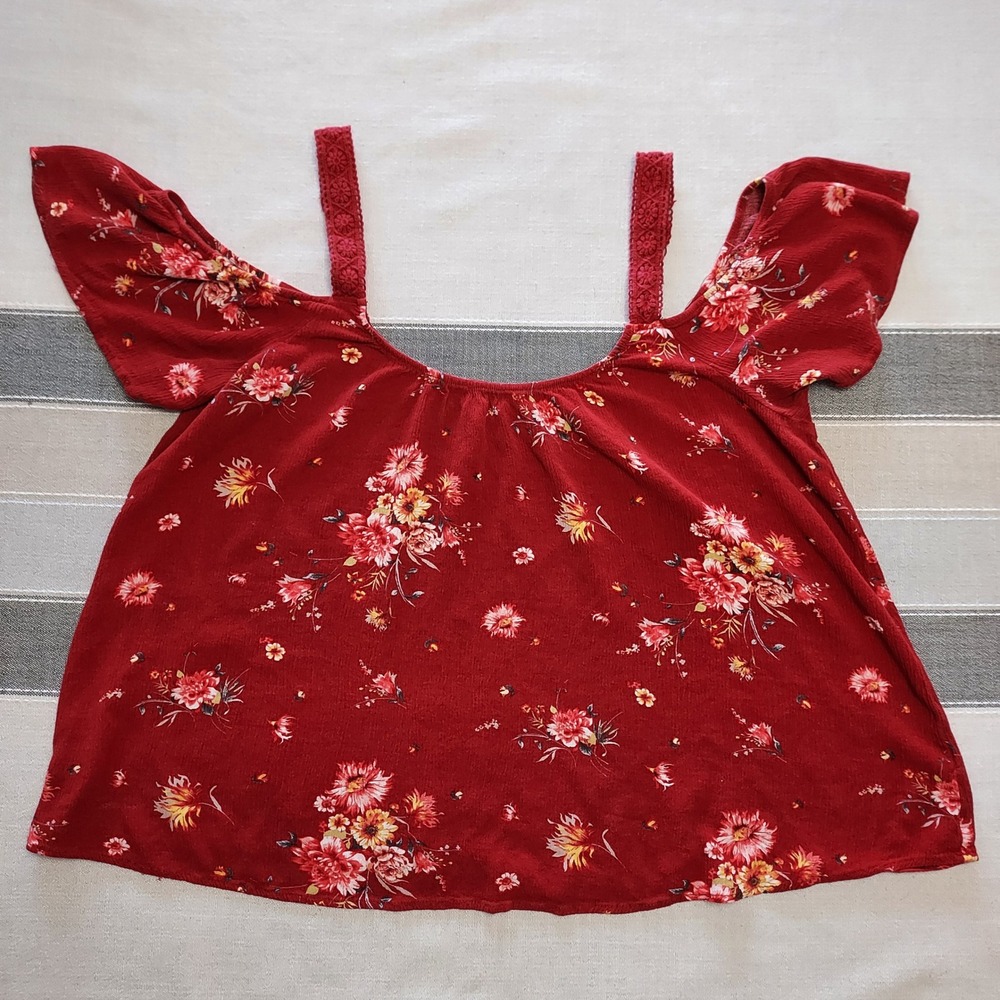 Torrid Floral Gauze Cold Shoulder Crochet Straps Red Size 1 Boho - Picture 3 of 8